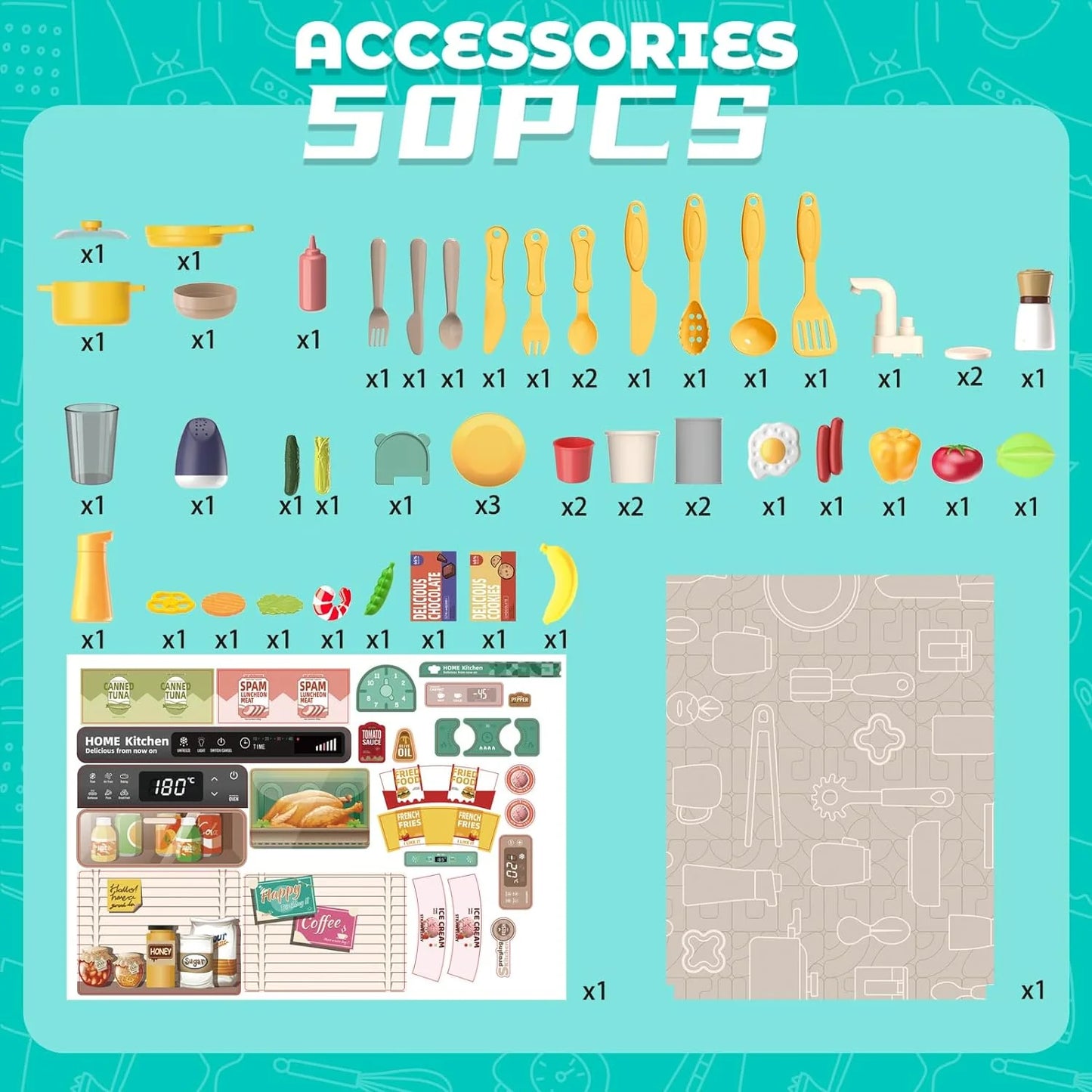 Spray Kitchen Play Set | 50 Pcs Accessories | Water Circulation System & Detailed Toys