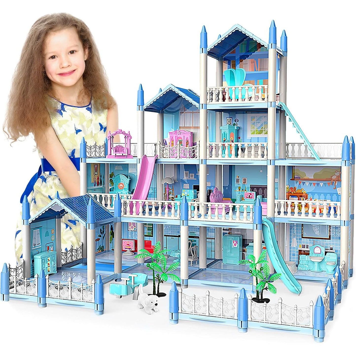 4 Story & 14 Room Doll House Playset For Kids