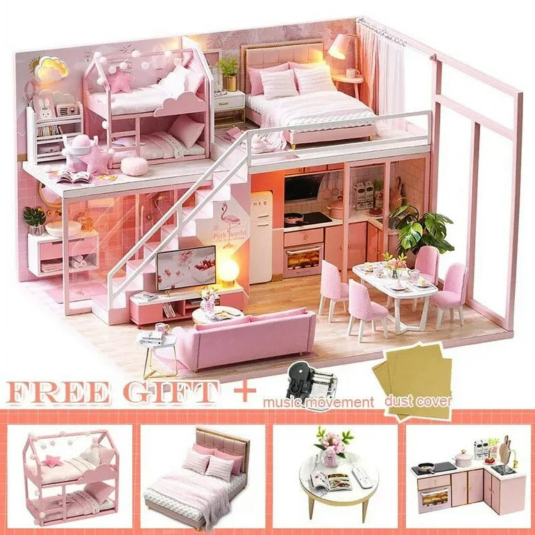 DIY Miniature Doll House Kit With LED Lights For Girls