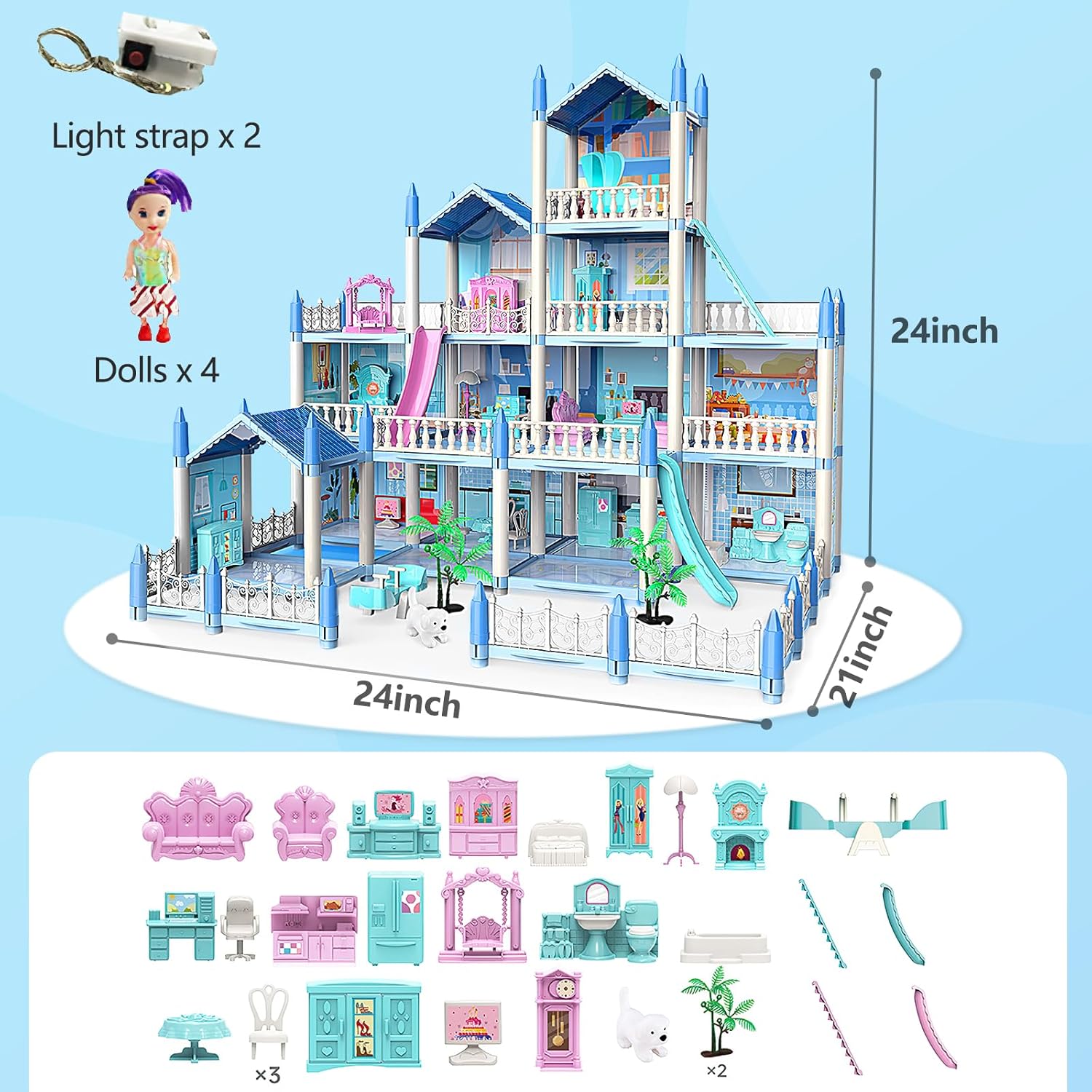 4 Story & 14 Room Doll House Playset For Kids