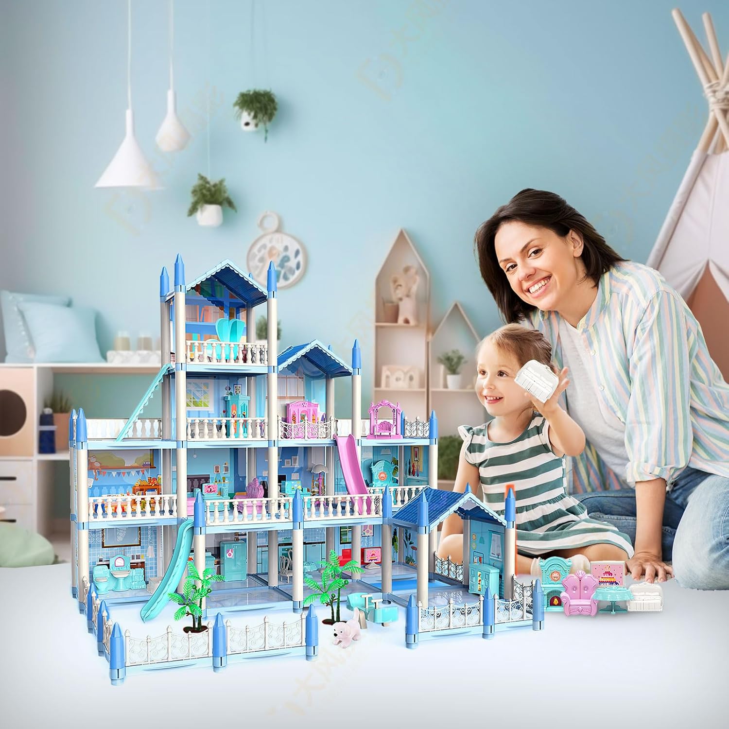 4 Story & 14 Room Doll House Playset For Kids