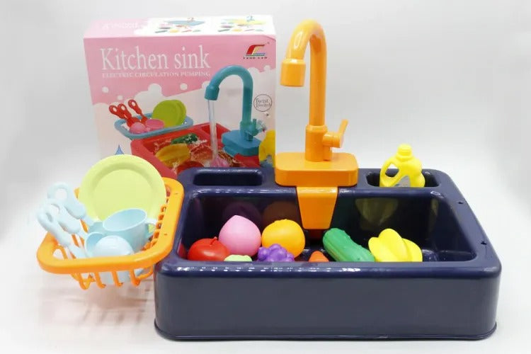 Plastic pretend play kitchen toys with a simulated electric dishwasher and sink, featuring an electric water wash basin toy for children