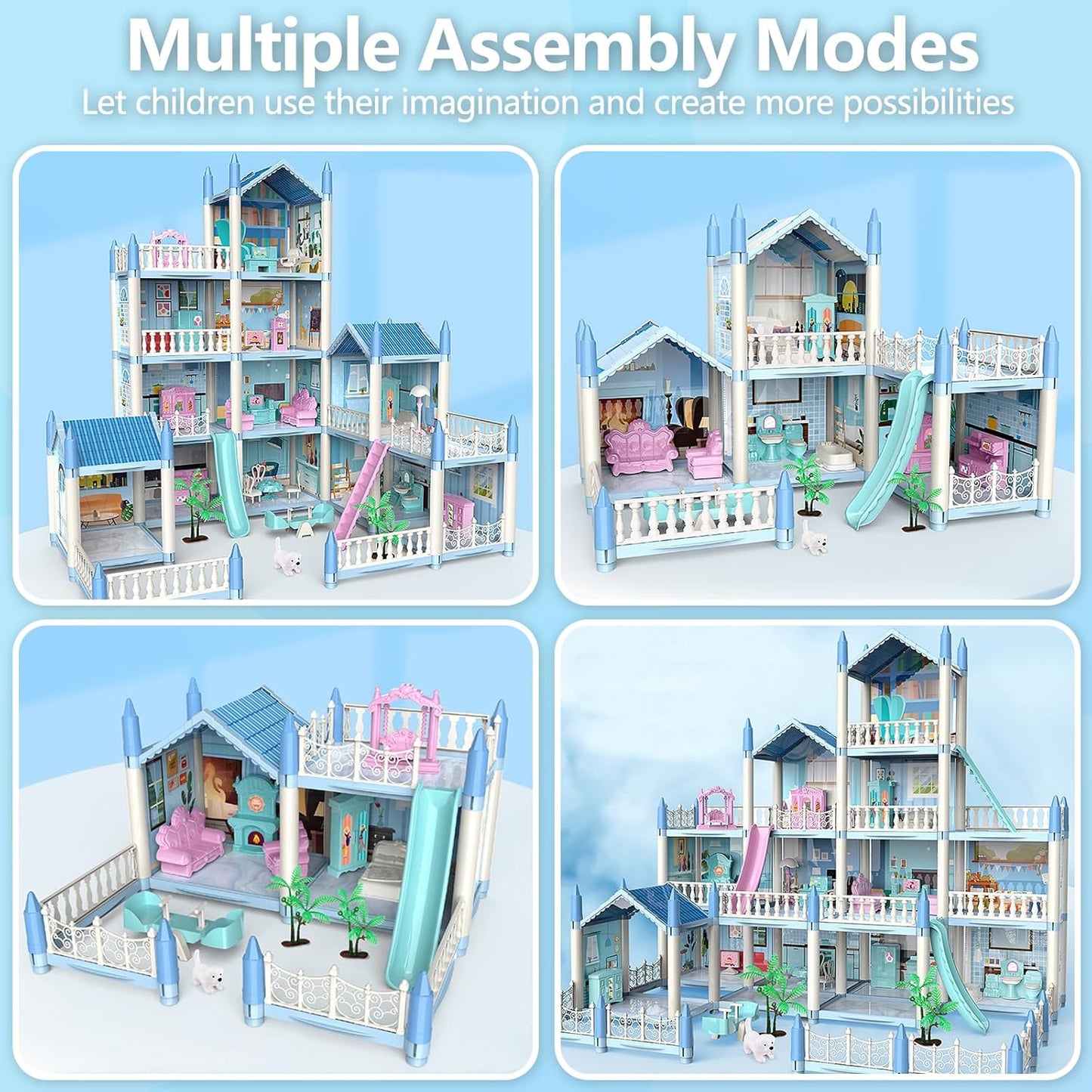 4 Story & 14 Room Doll House Playset For Kids