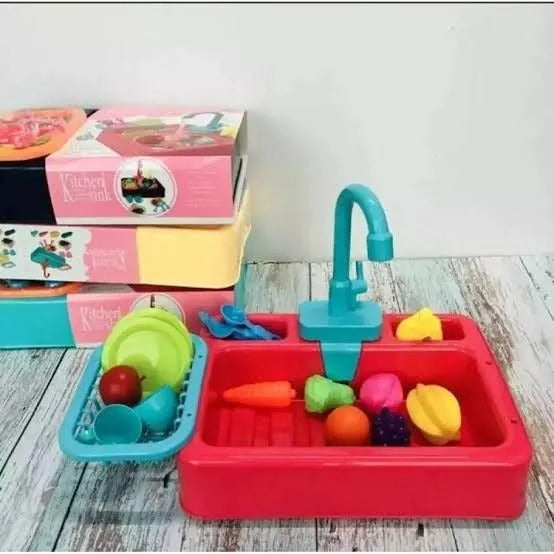 Plastic pretend play kitchen toys with a simulated electric dishwasher and sink, featuring an electric water wash basin toy for children