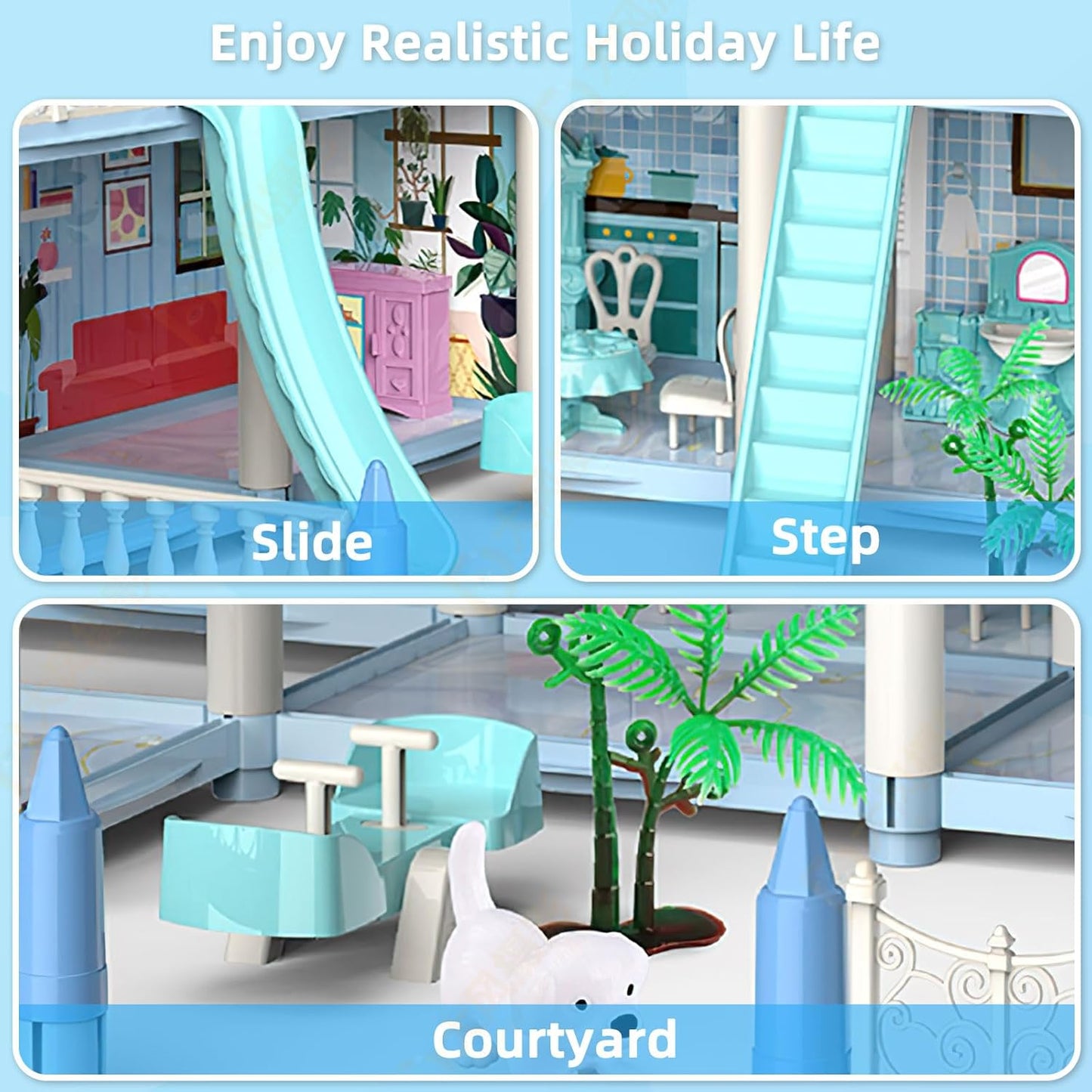 4 Story & 14 Room Doll House Playset For Kids