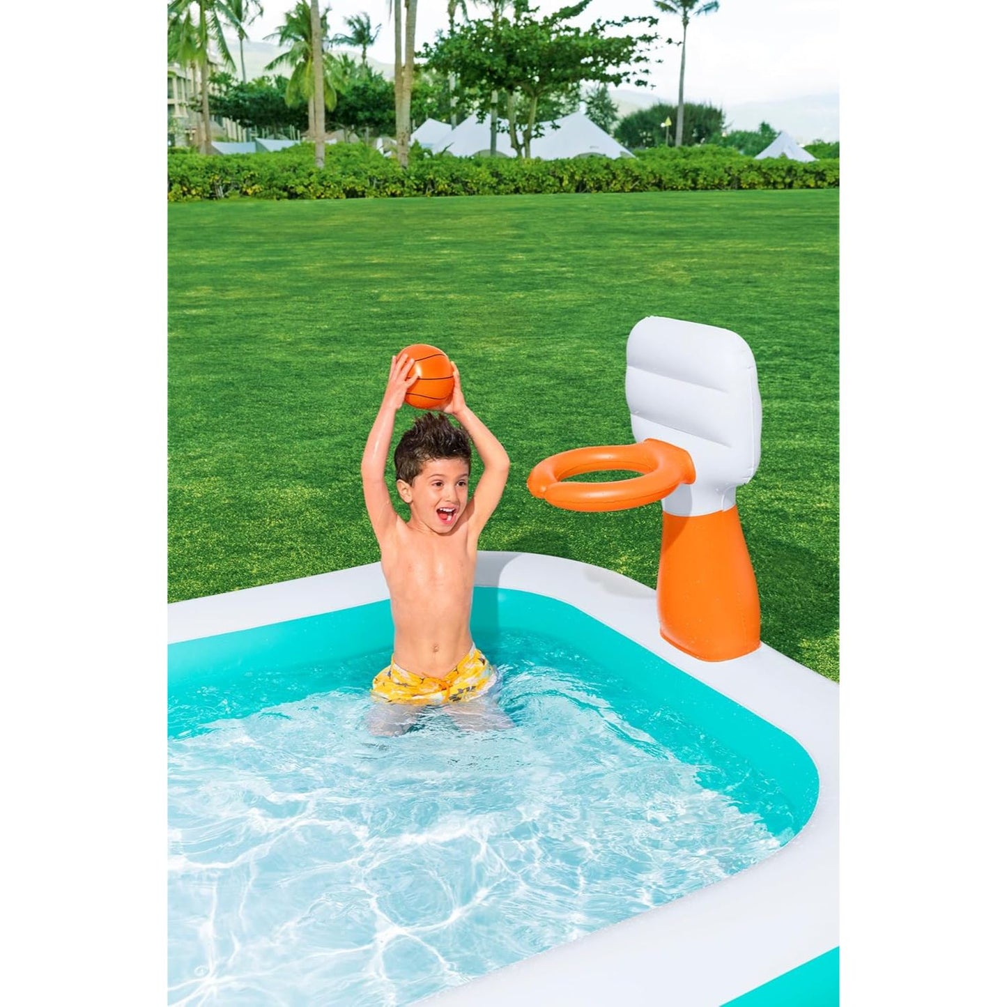 Basketball Dunk n' Splash Pool | Family Inflatable Paddling Swimming Pool 8ft 3in x 5ft 6in x 3ft 4in (1ft Depth)