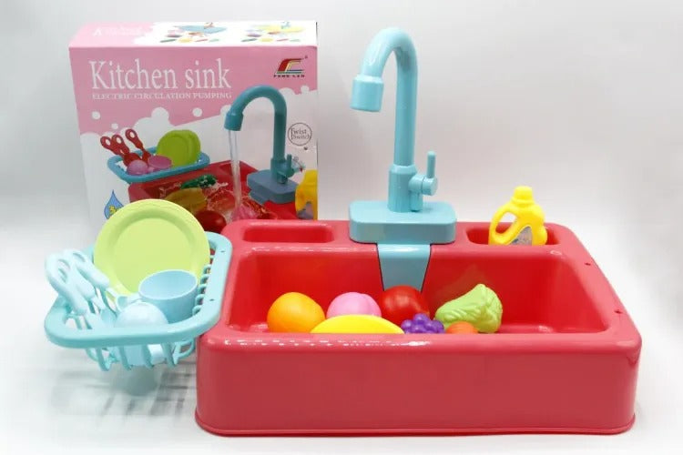 Plastic pretend play kitchen toys with a simulated electric dishwasher and sink, featuring an electric water wash basin toy for children
