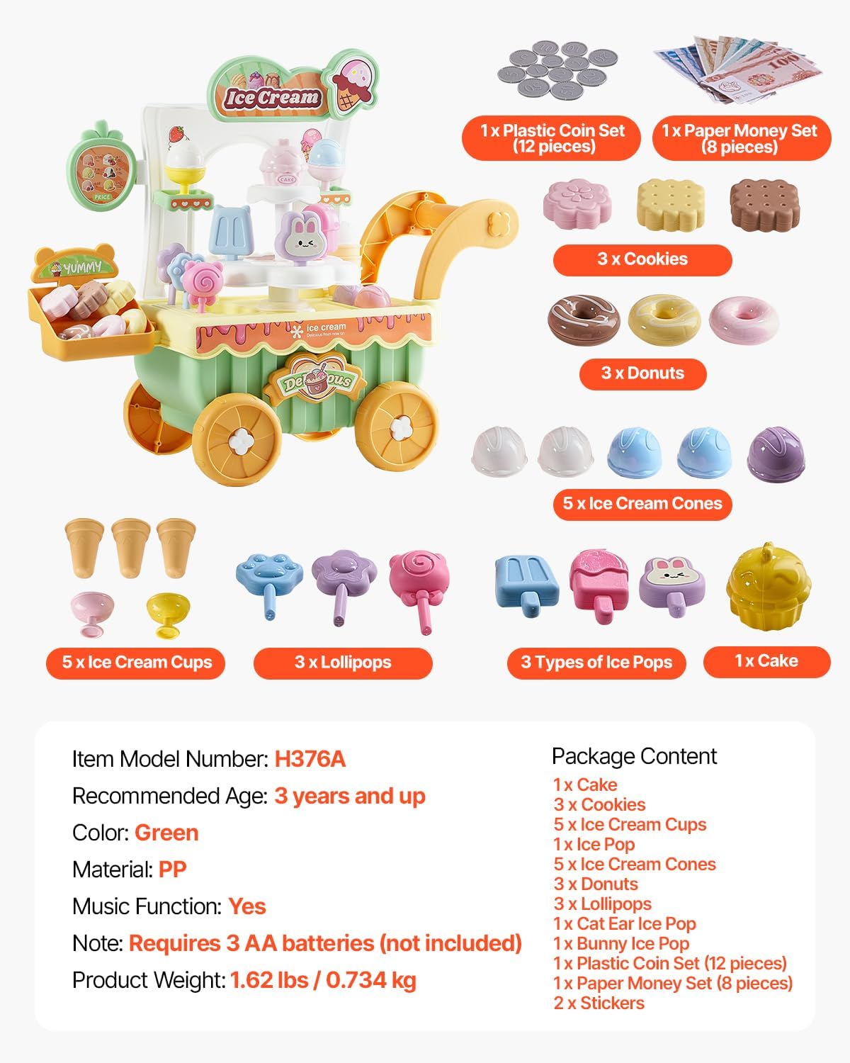 VEVOR H376A Ice Cream Trolley Playset for Kids