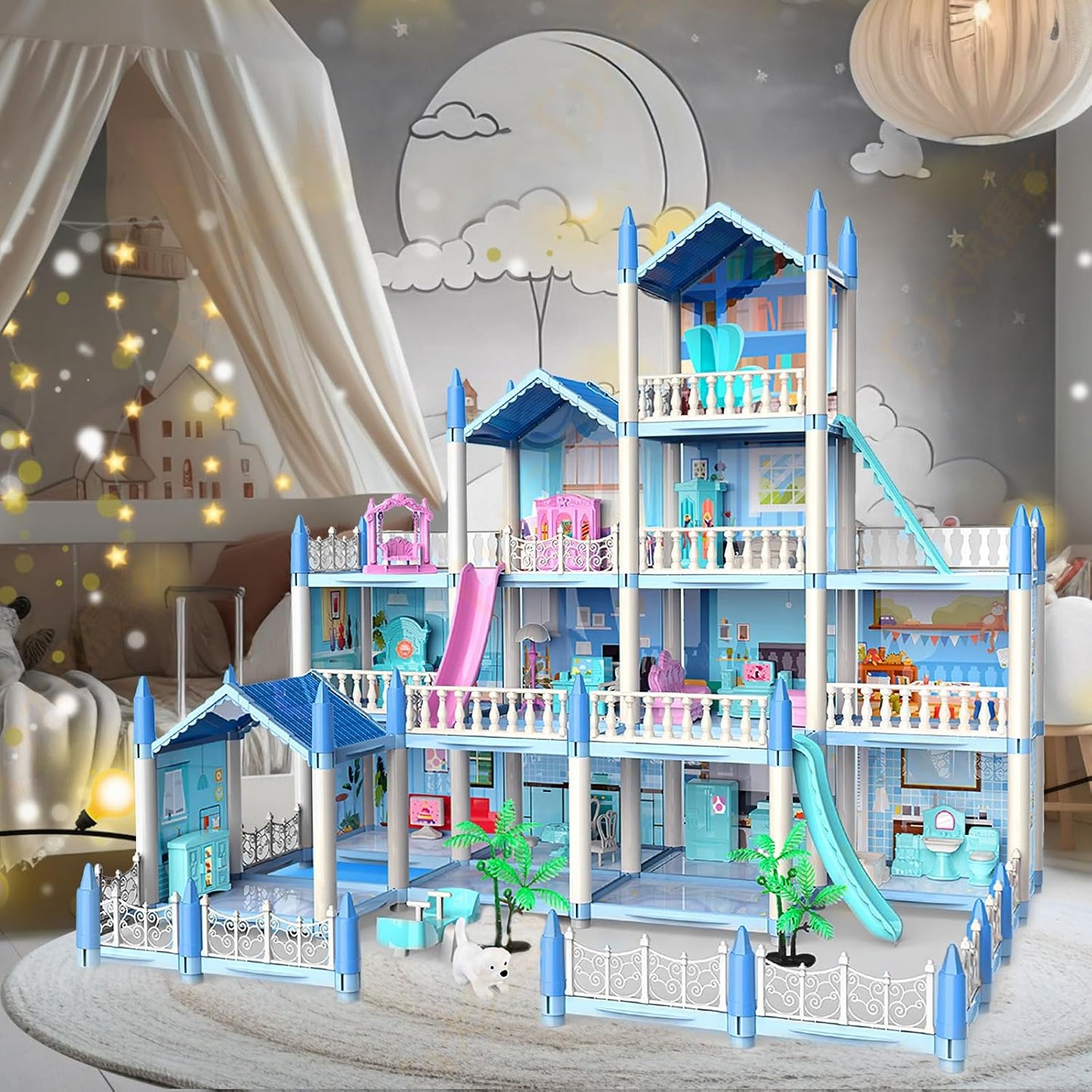 4 Story & 14 Room Doll House Playset For Kids