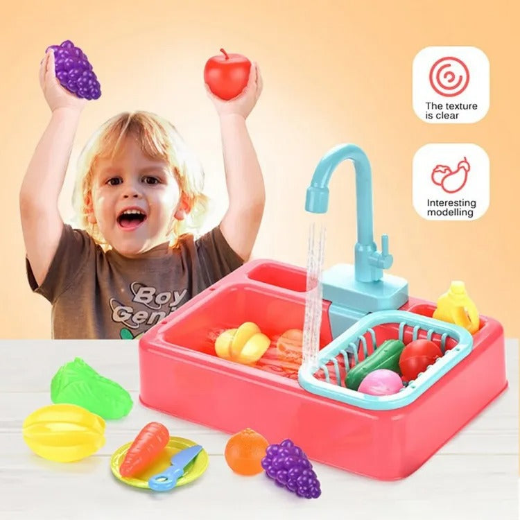 Plastic pretend play kitchen toys with a simulated electric dishwasher and sink, featuring an electric water wash basin toy for children