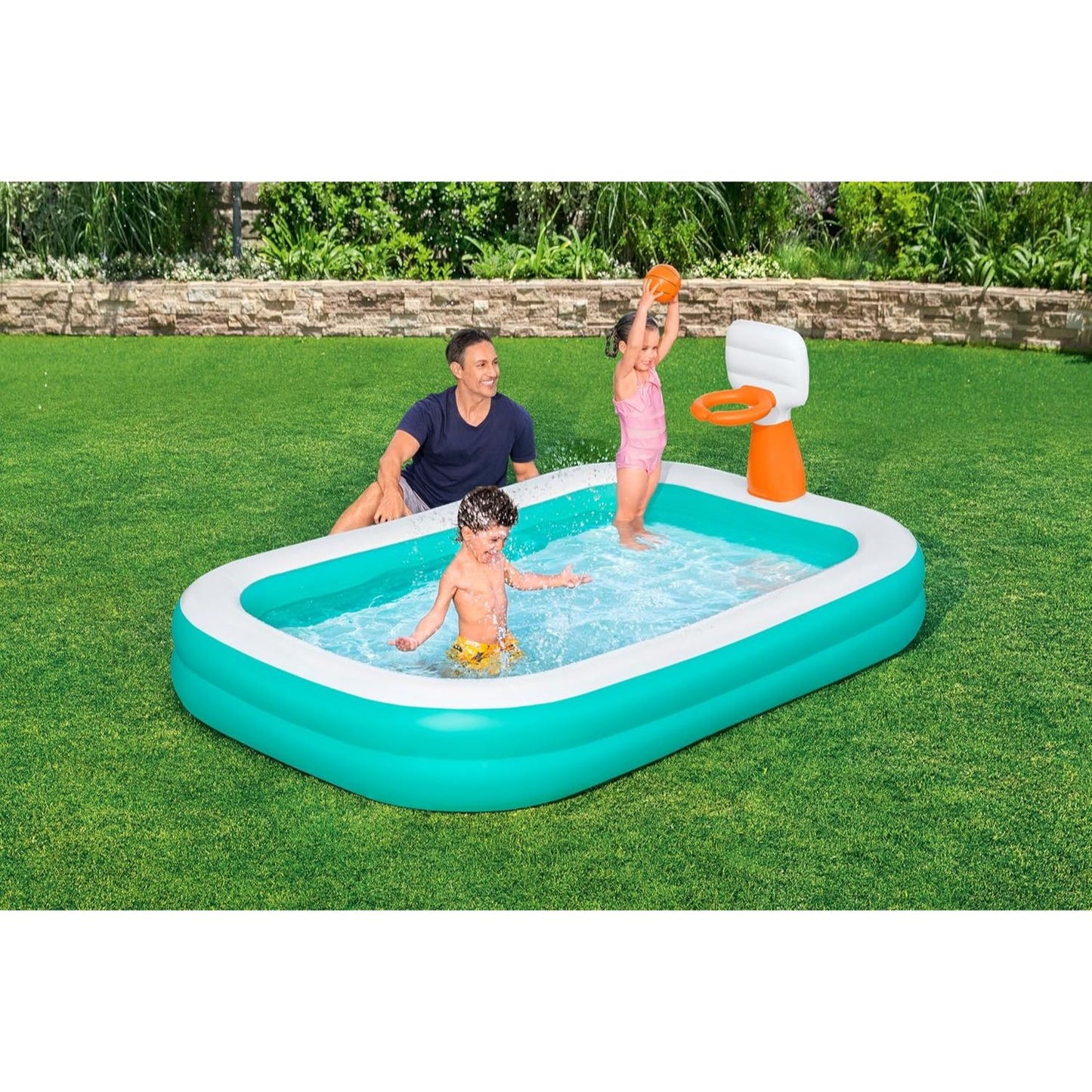 Basketball Dunk n' Splash Pool | Family Inflatable Paddling Swimming Pool 8ft 3in x 5ft 6in x 3ft 4in (1ft Depth)