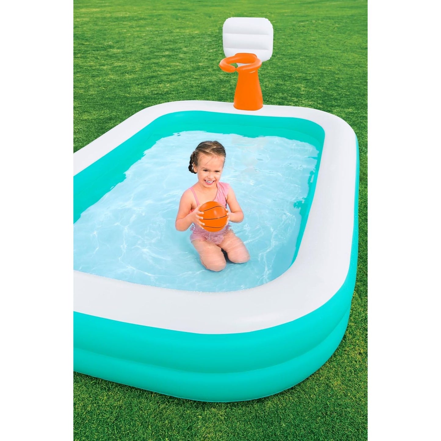 Basketball Dunk n' Splash Pool | Family Inflatable Paddling Swimming Pool 8ft 3in x 5ft 6in x 3ft 4in (1ft Depth)