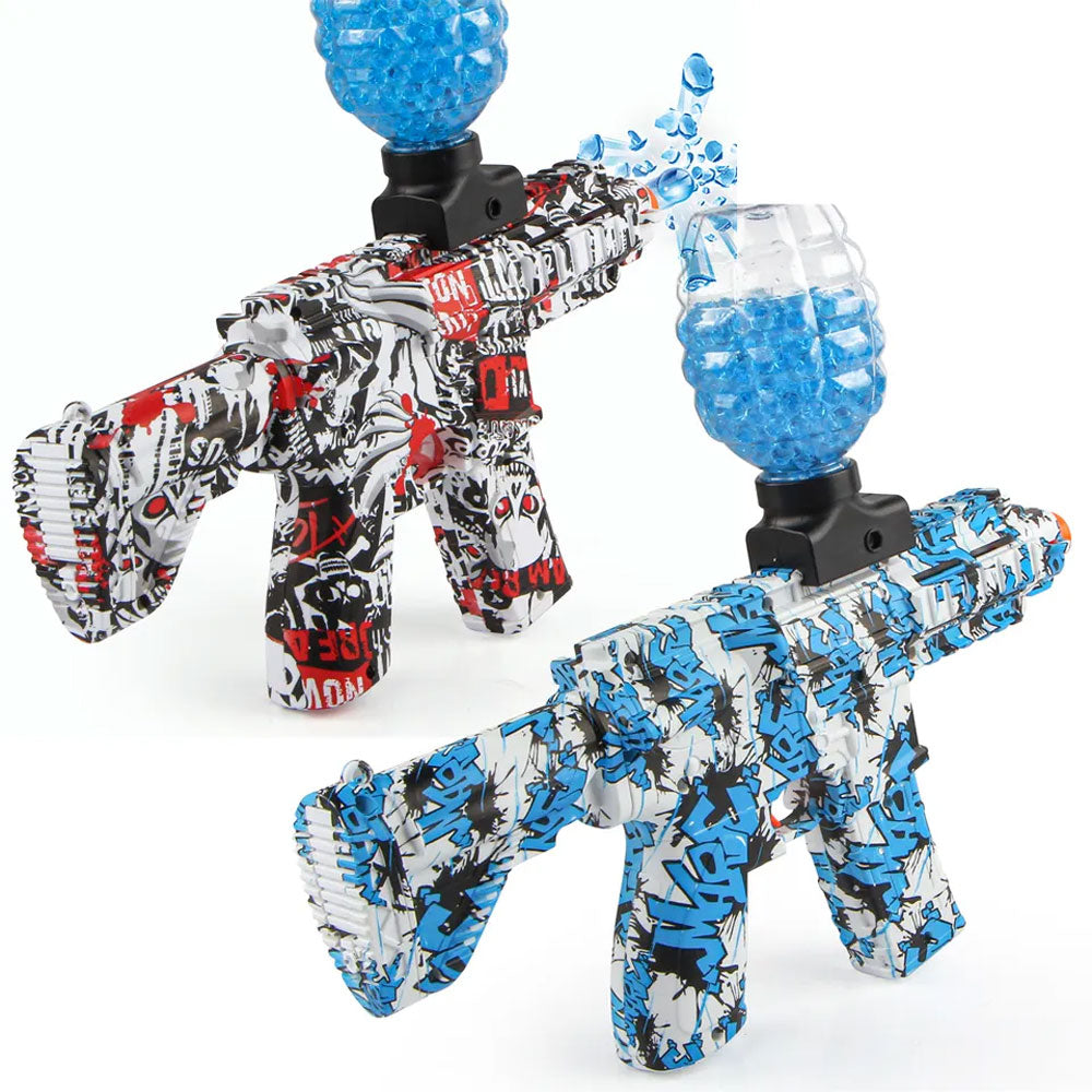 Red and Blue Mini M416 Automatic Gel Blaster Guns side by side