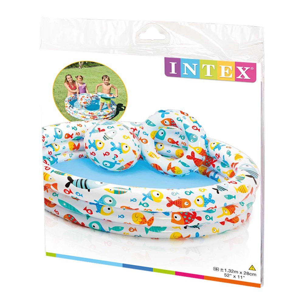 INTEX Fish Printed Pool With Beach Ball & Ring For Kids 4ft 4in x 11in