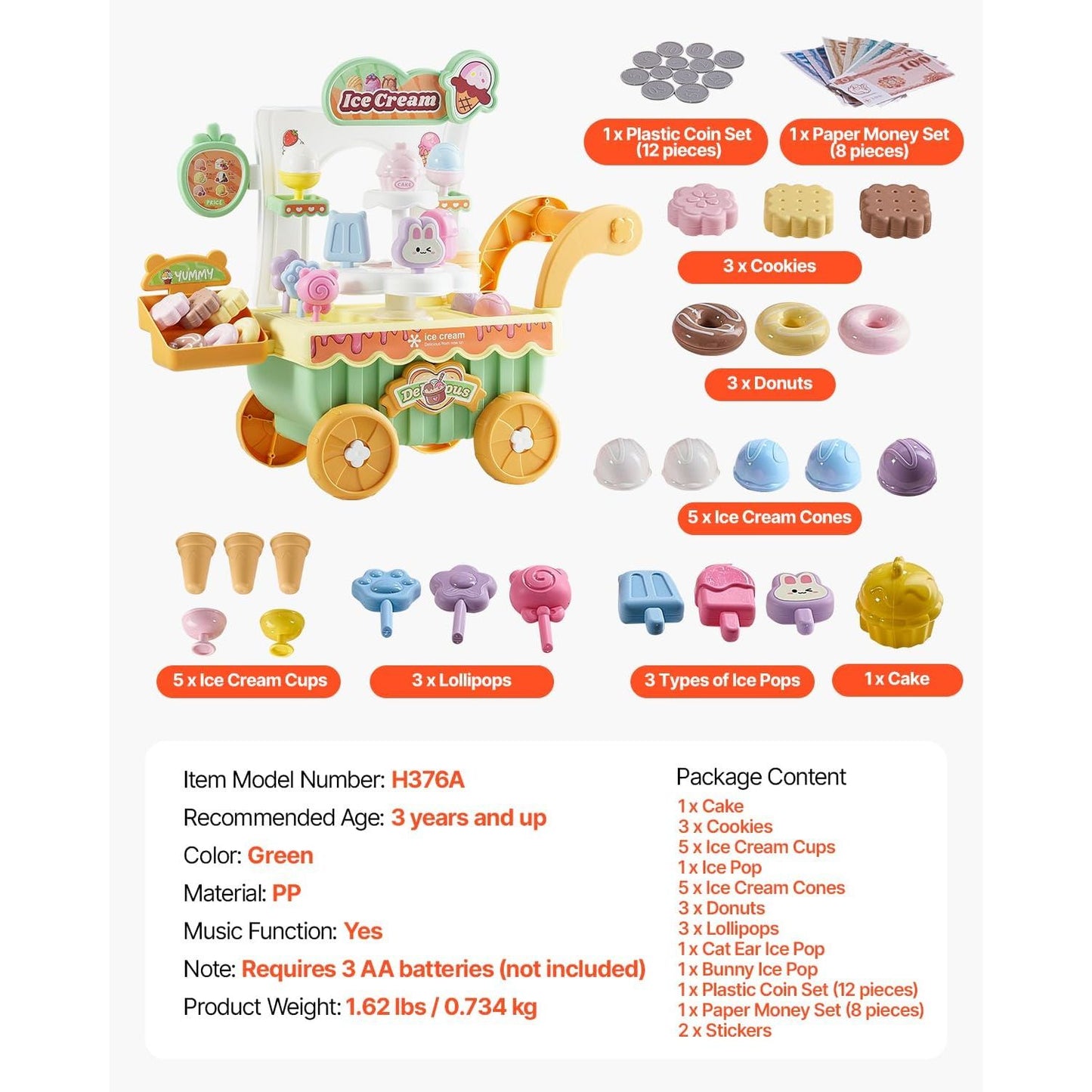 Kids Ice Cream Trolley Playset with 27 Accessories, Rotating Display Stand, Lights, Sounds & Play Money VEVOR H376A