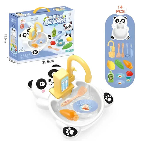 Panda Kitchen Sink Playset with Running Water Faucet