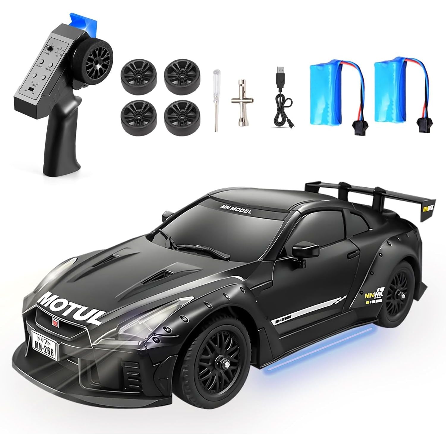 1:16 Scale 2.4GHz High-Speed Drift & Racing Remote Control Car with Rechargeable Battery & LED Lightning Effects