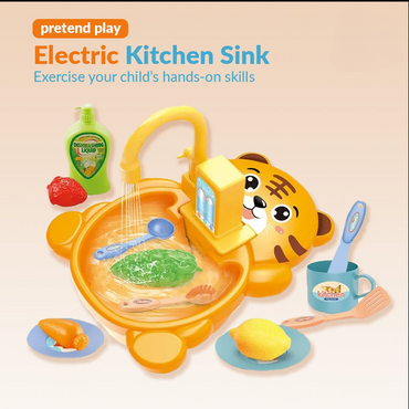 Electric Kitchen Sink Toy Set | Dishwasher Play Kit With Fruit & Tableware