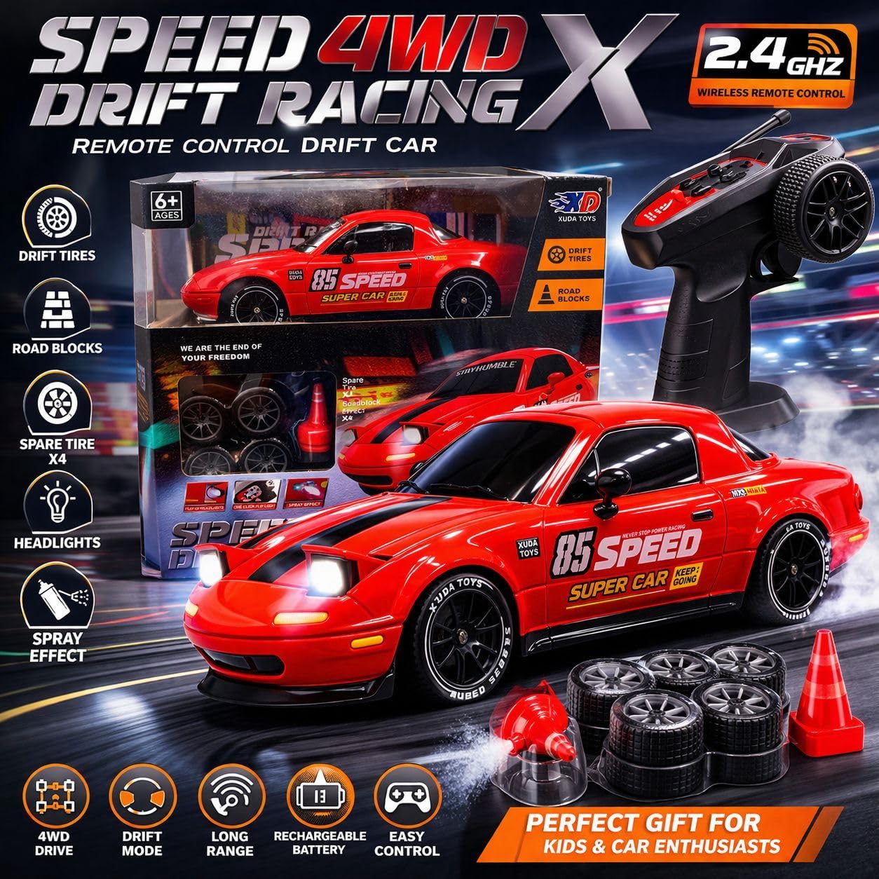 Speed 4WD Drift Racing X RC Car with LED Lights