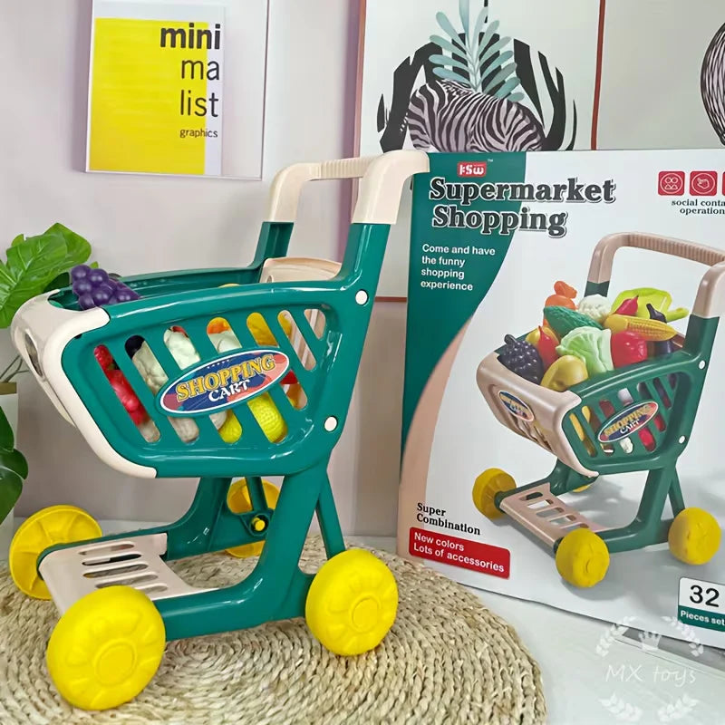 Supermarket Shopping Cart Set with 32 Play Pieces