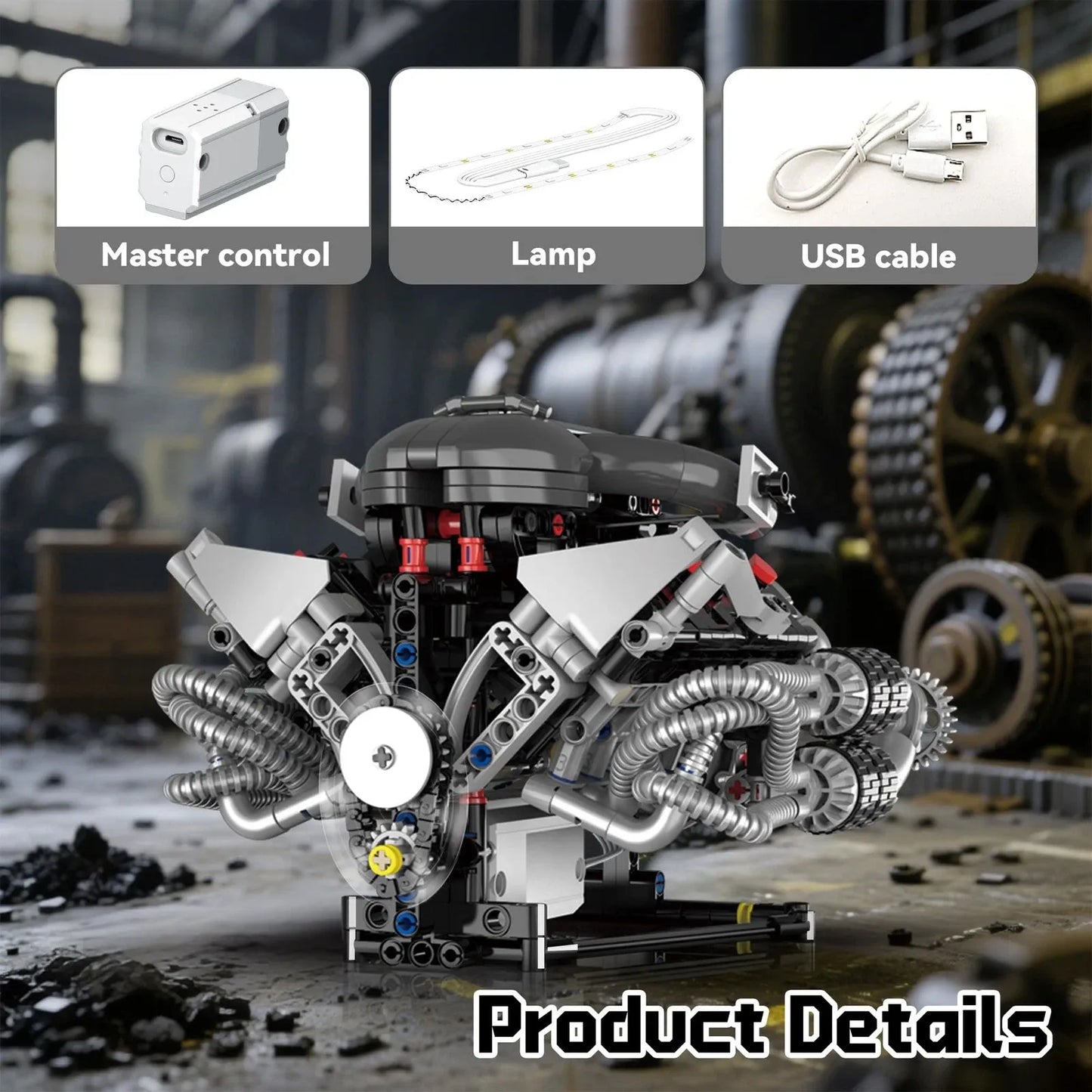 Motorized Supercar V8 Engine Building Blocks Set with LED Lights | 770 PCS Mechanical Model Kit for Kids & Adults