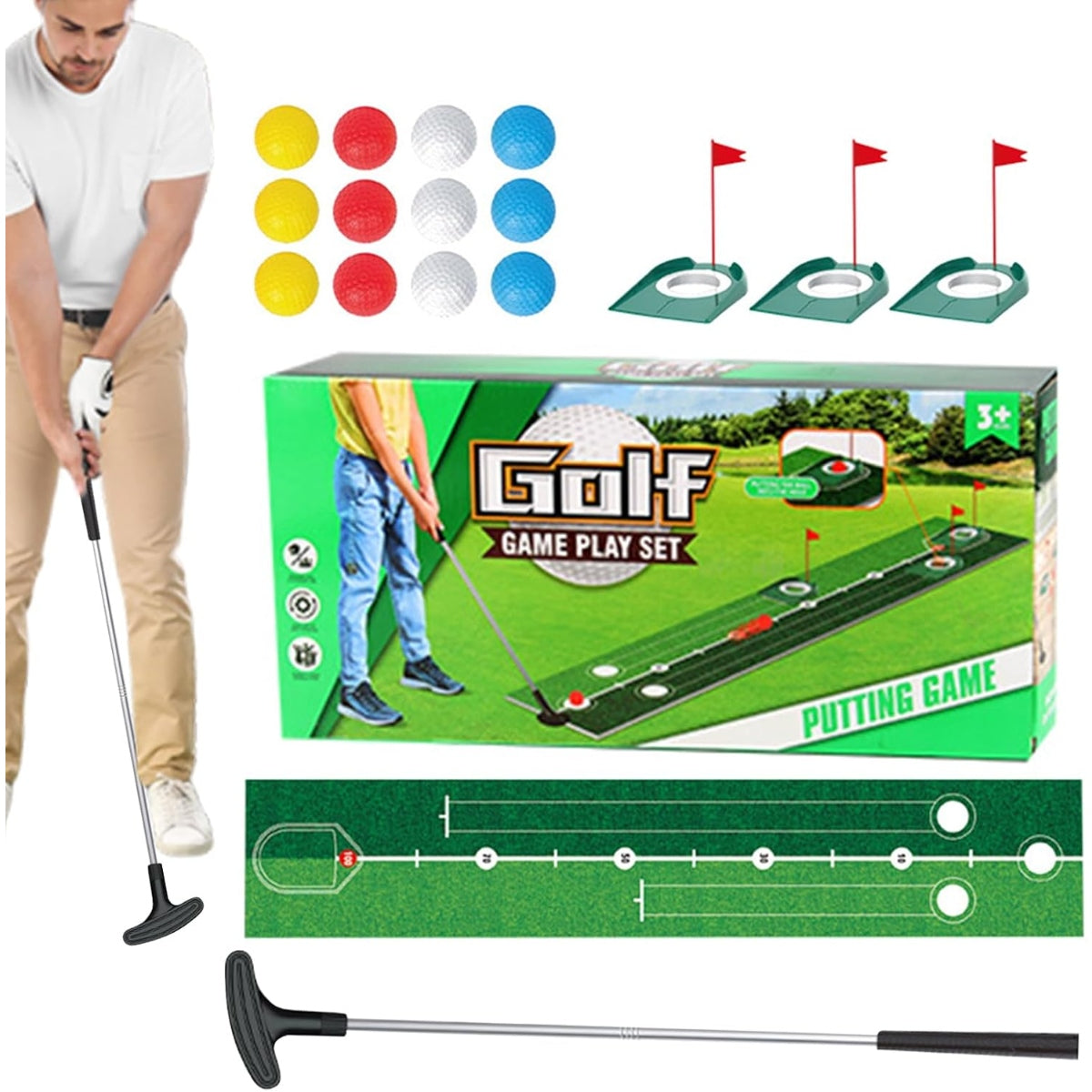 Golf Game Playset with 2M Putting Mat & Balls