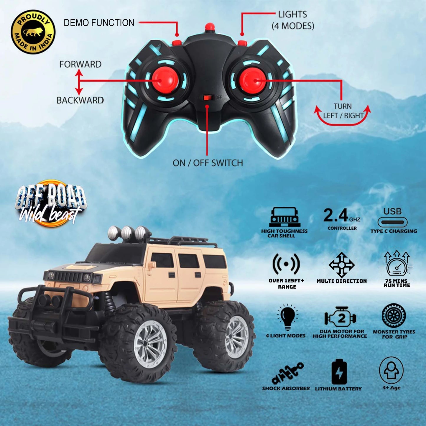 1:18 Offroader RC Truck with Smoke Spray & Remote