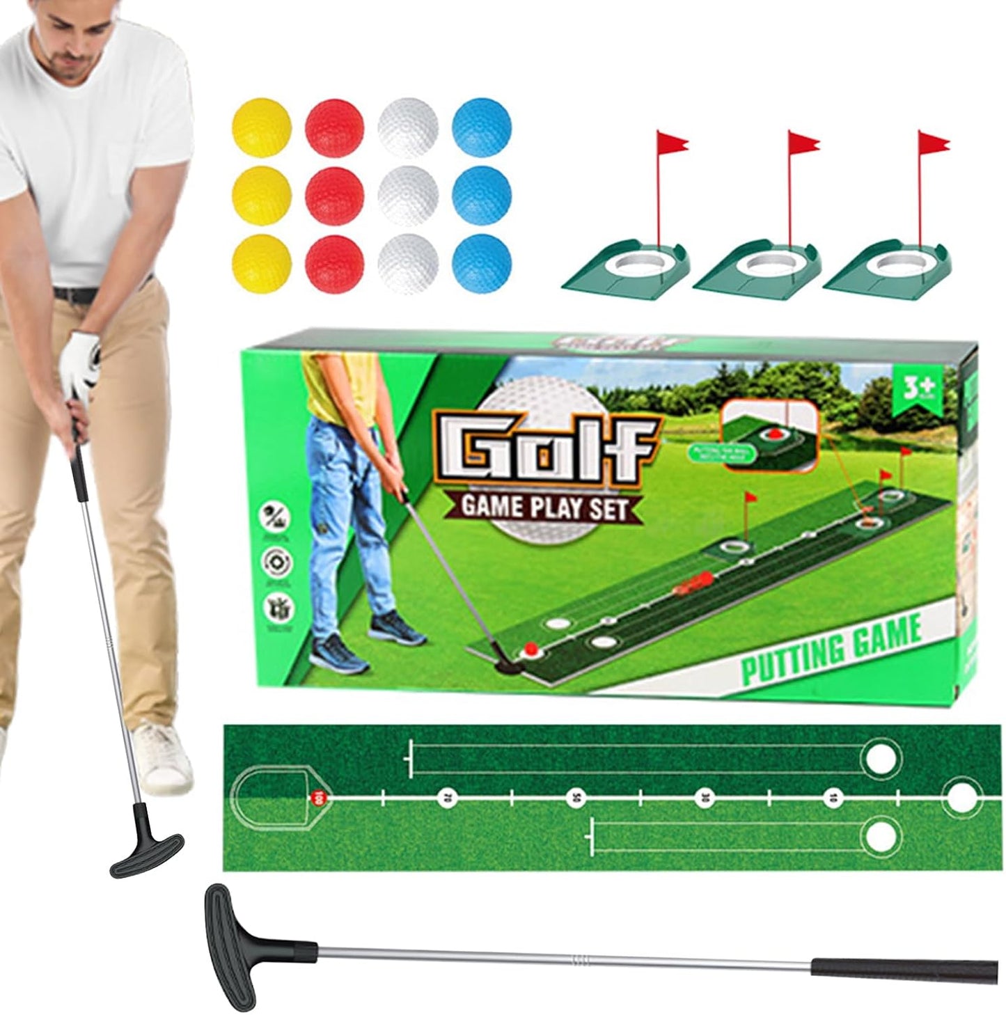 Golf Game Playset with 2M Putting Mat & Balls