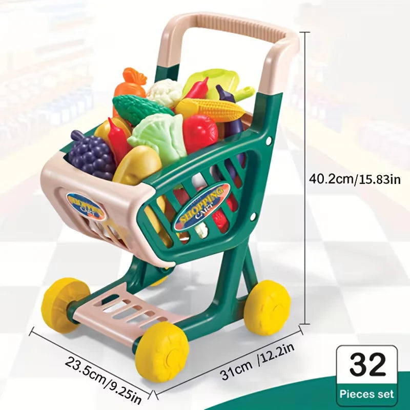 Supermarket Shopping Cart Set with 32 Play Pieces