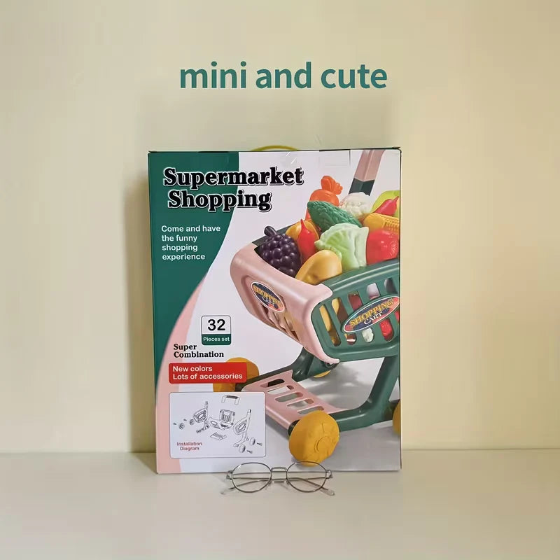 Supermarket Shopping Cart Set with 32 Play Pieces