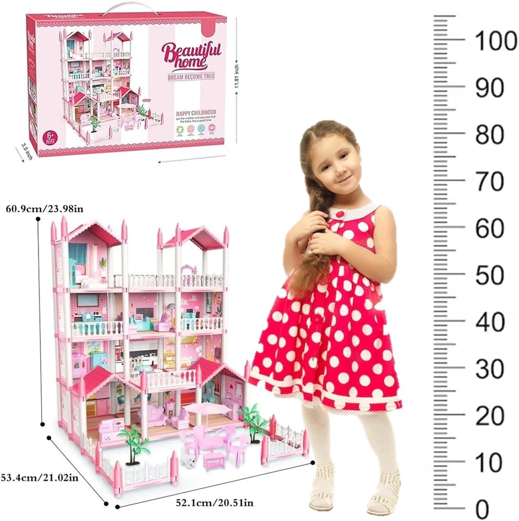 4 Storey 14 Rooms Doll House | Pink Doll House For Girls
