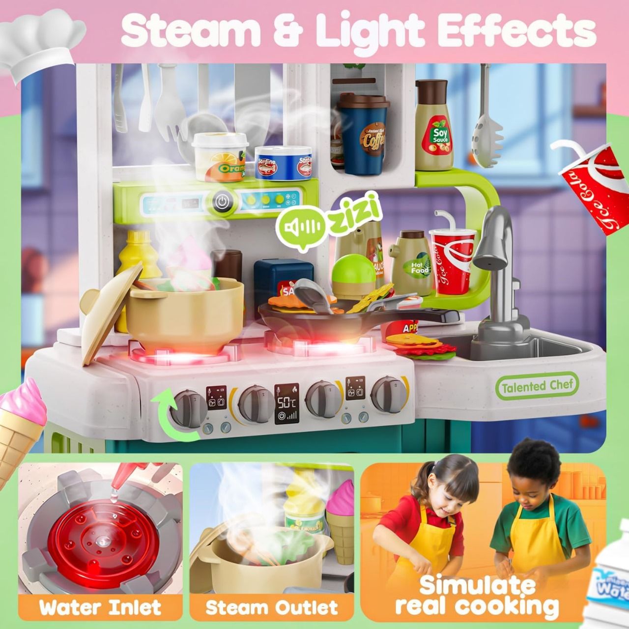 95Pcs Kitchen Playset With Steam & Lightning Effect | Pretend Play Toy | Talented Chef