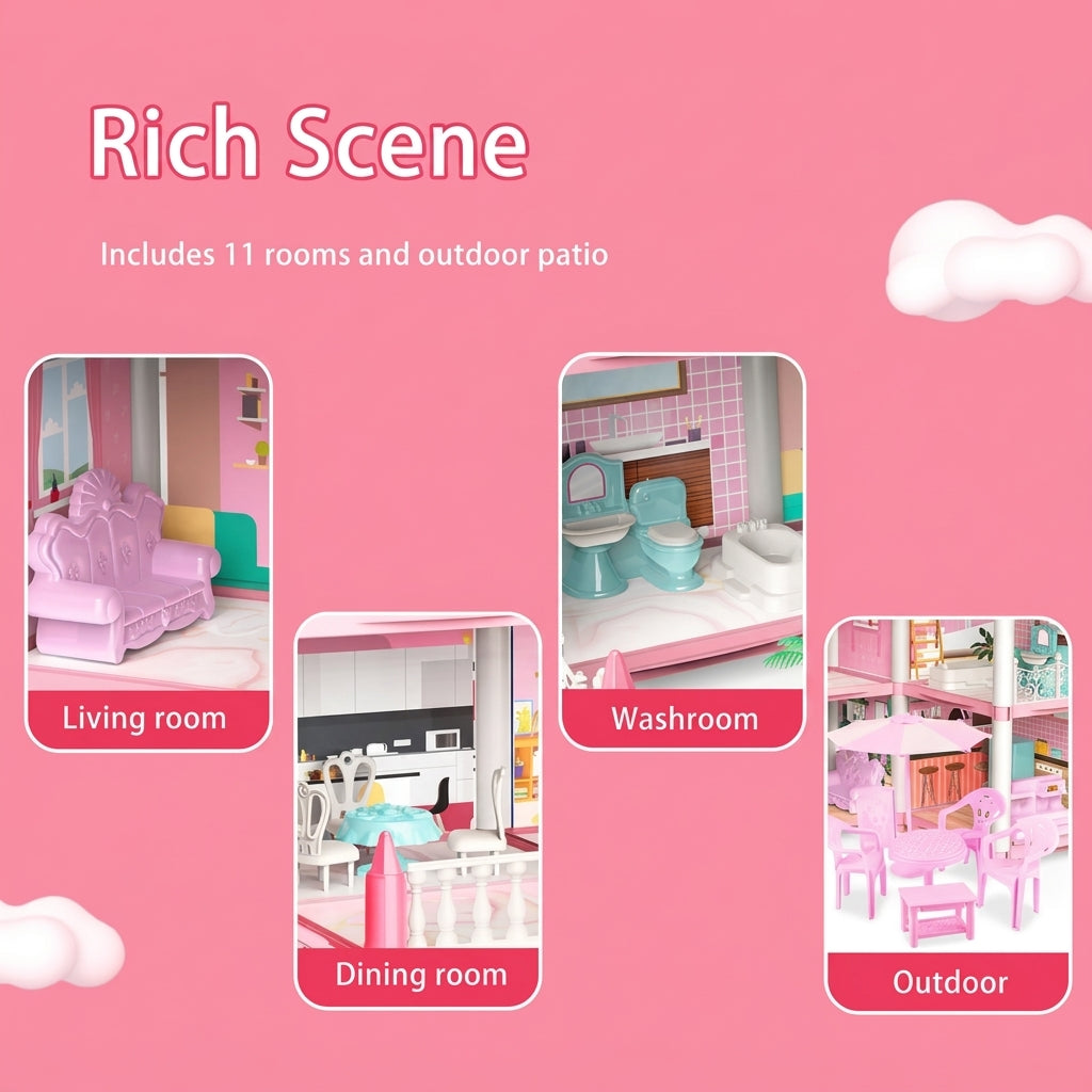 5 Rooms Doll House Villa Playset for Kids | Pretend Play Toy