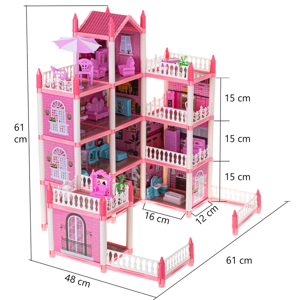 Happy Childhood 4 Story & 11 Room Doll House Playset For Girls