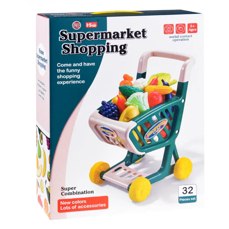 Supermarket Shopping Cart Set with 32 Play Pieces