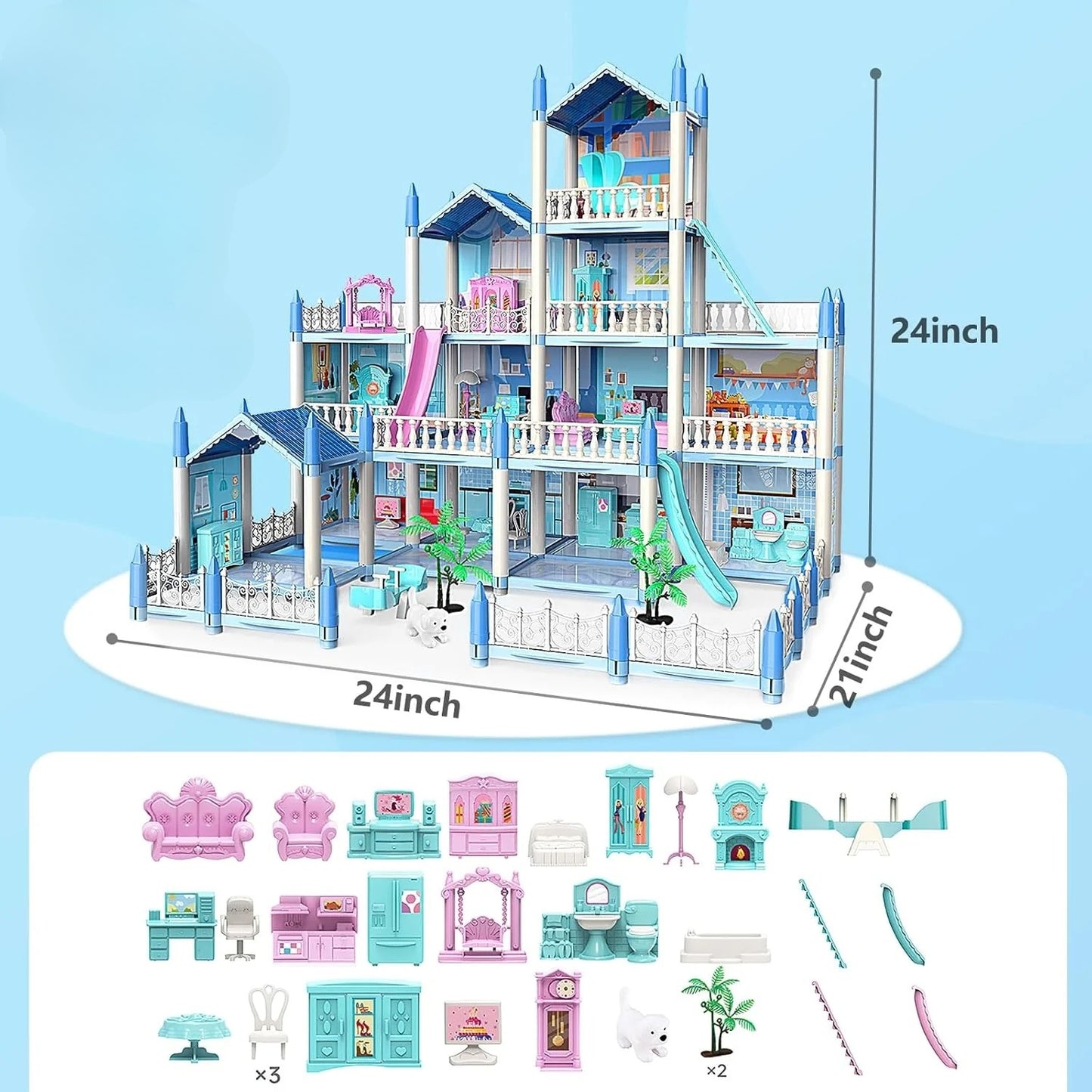 4 Story & 14 Room Doll House Playset For Kids