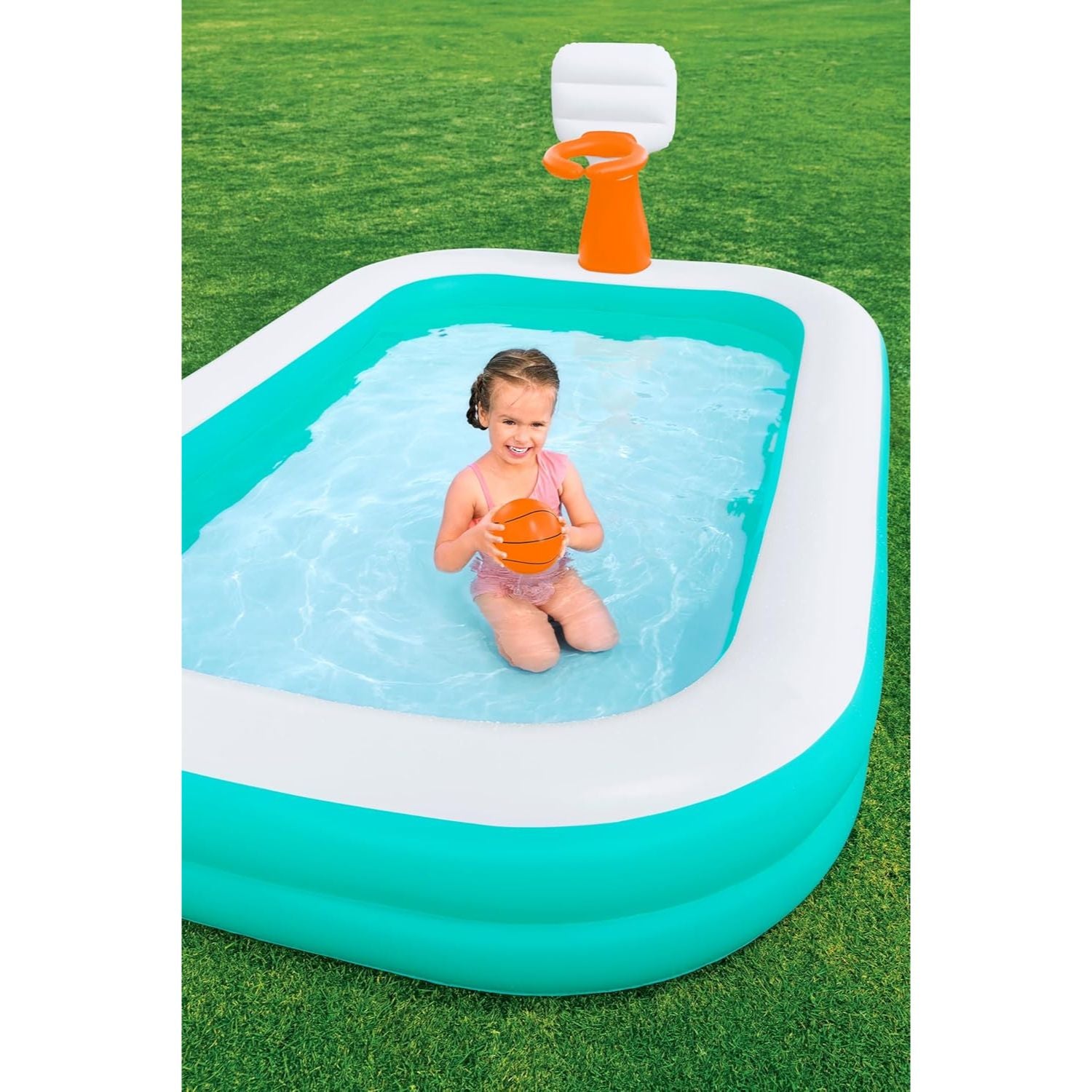 Basketball Dunk n' Splash Pool | Family Inflatable Paddling Swimming Pool 8ft 3in x 5ft 6in x 3ft 4in