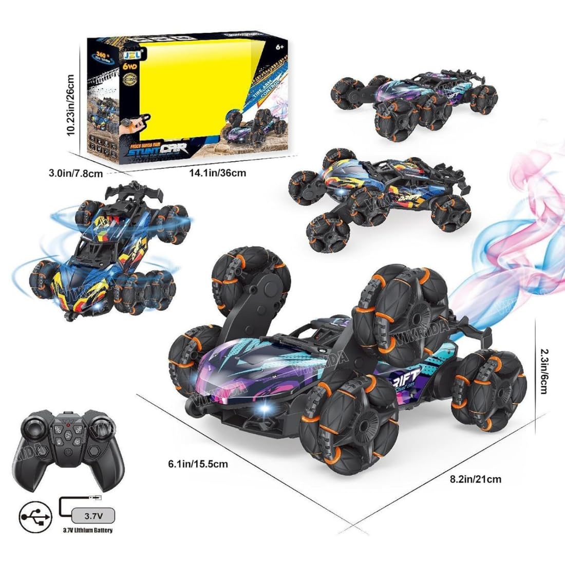 High Speed 2.4GHz Remote Control 6-Wheel Drift Car with 360° Rotation, Steam Effects, Lightning LEDs & Rechargeable Battery