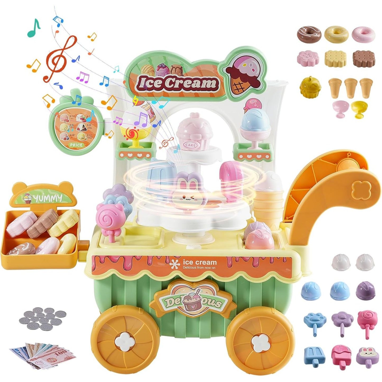 Kids Ice Cream Trolley Playset with 27 Accessories, Rotating Display Stand, Lights, Sounds & Play Money VEVOR H376A