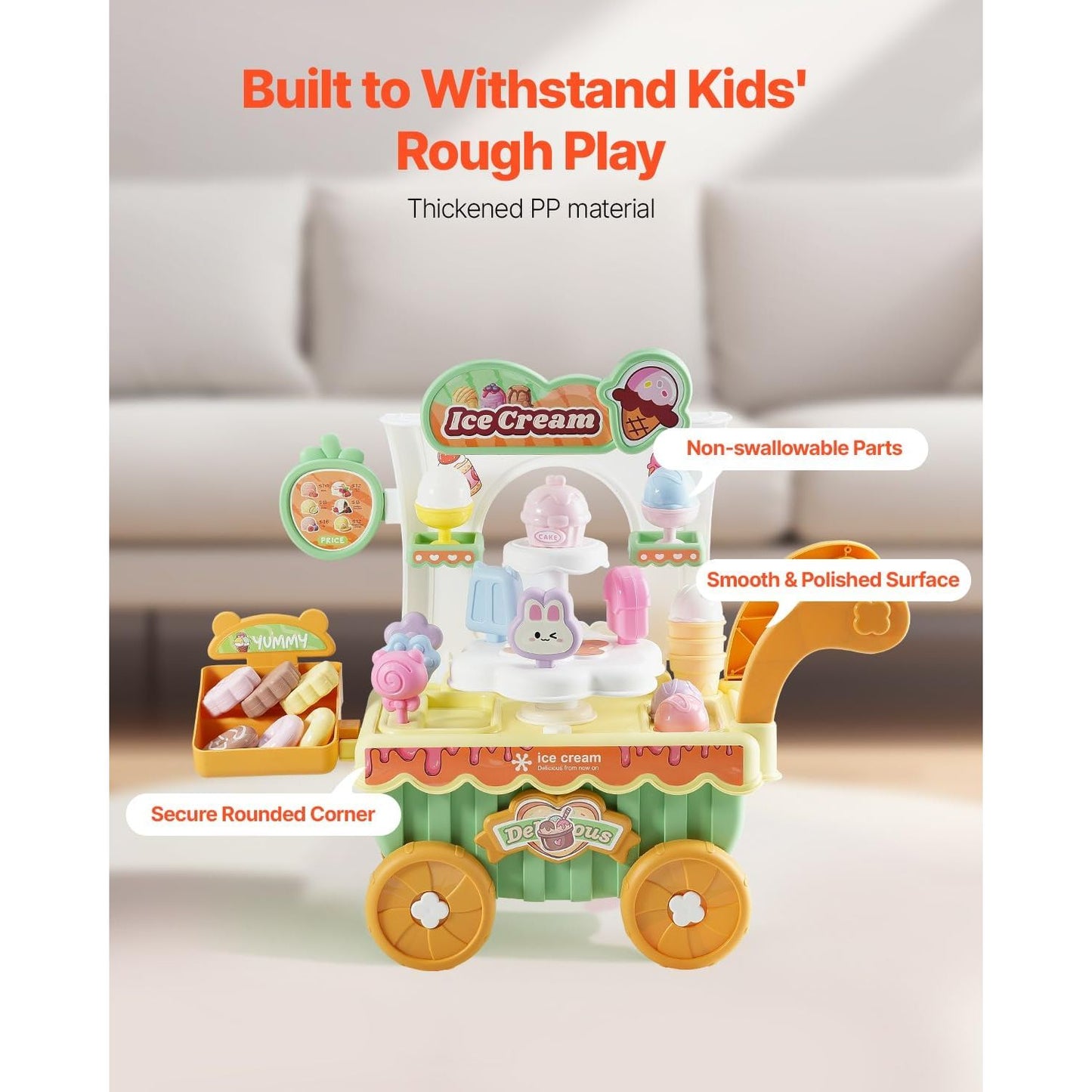 Kids Ice Cream Trolley Playset with 27 Accessories, Rotating Display Stand, Lights, Sounds & Play Money VEVOR H376A